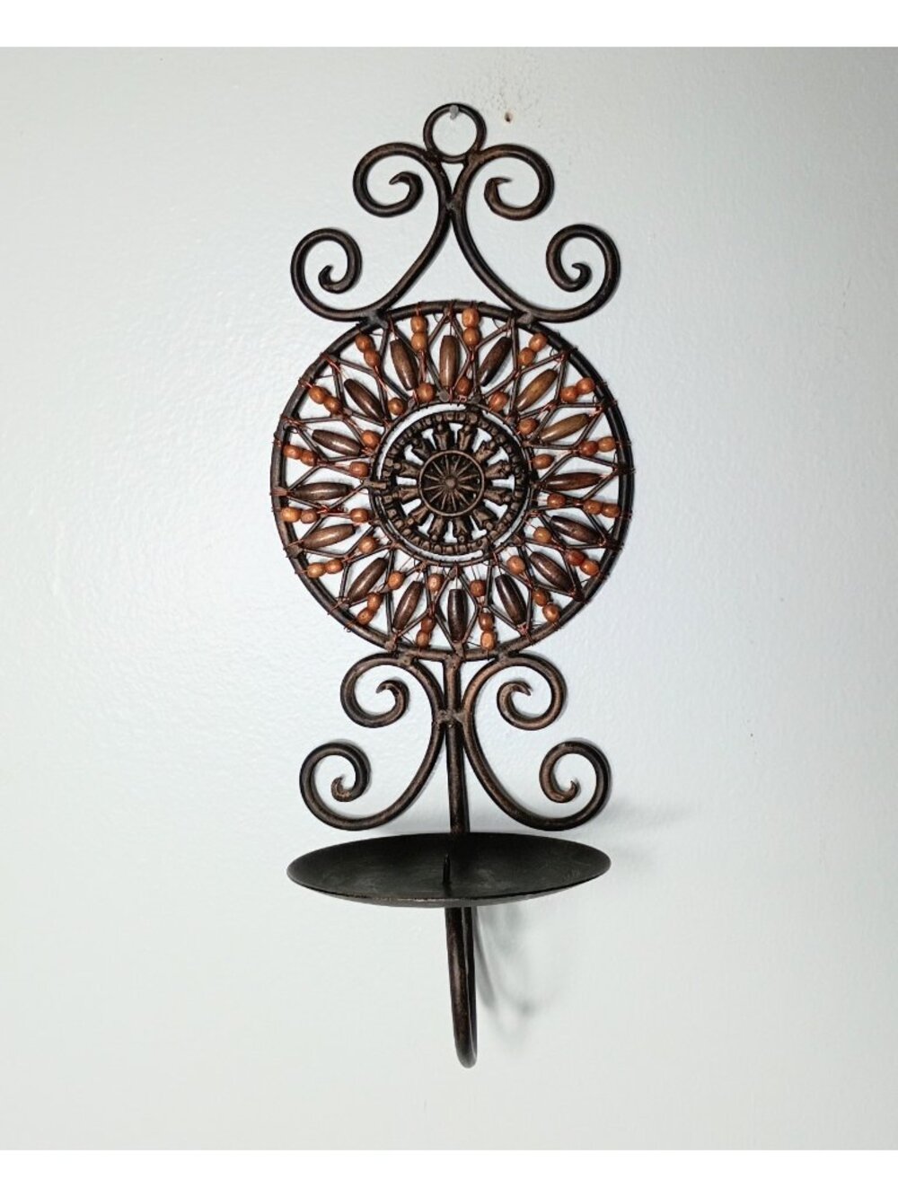 Wrought Iron Wood Beaded Candleholder Wall Sconce Boho Tribal Ethnic Scroll Work